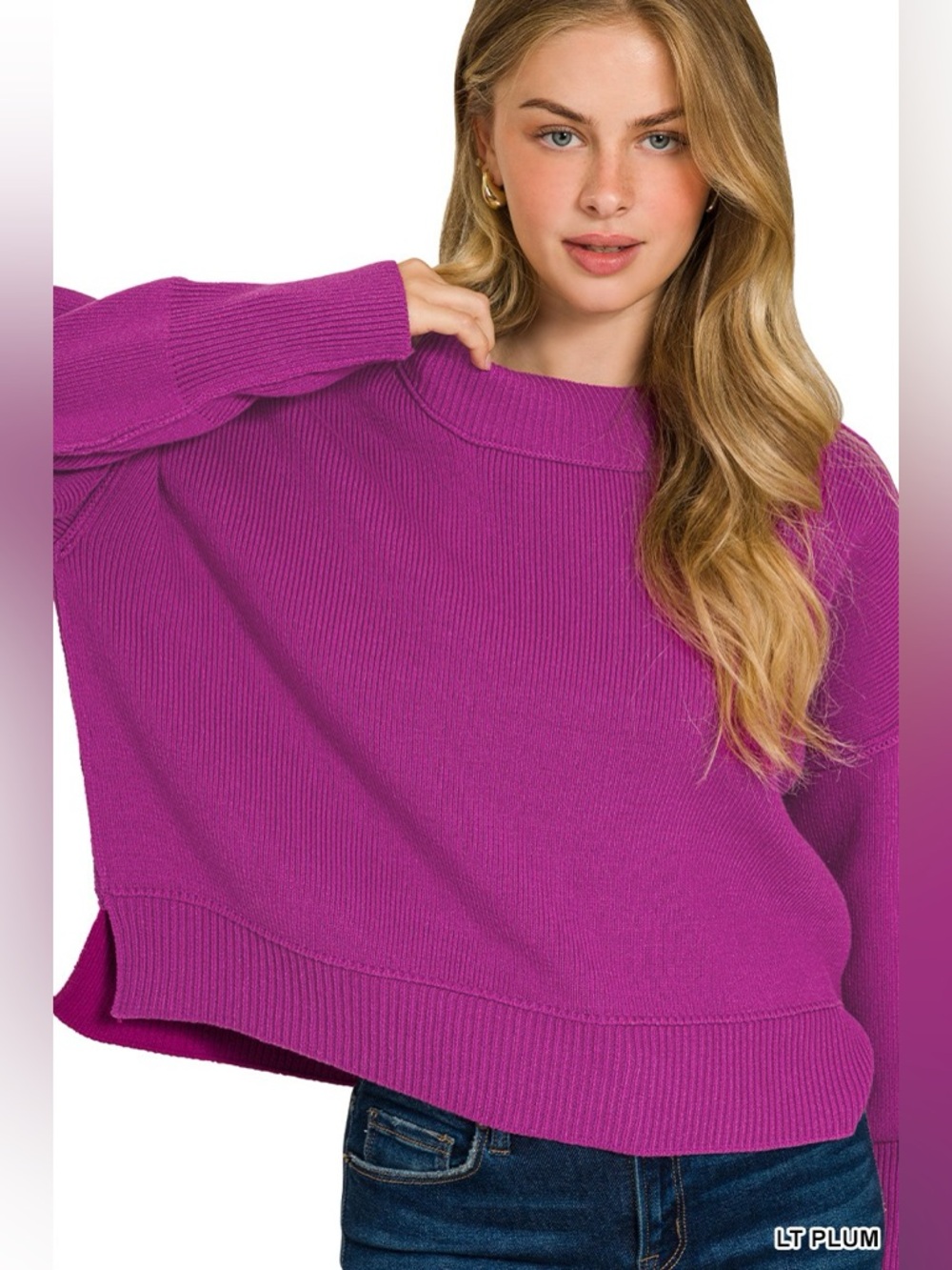 Zenana Wide Neck Band Drop Shoulder Sweater - Picture 2 of 4